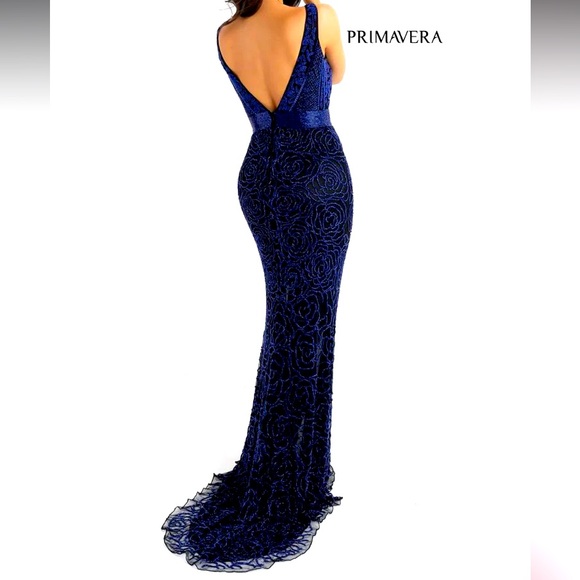 PRIMAVERA COUTURE Backless gown black with royal blue beads sz 4 evening gown - Picture 2 of 16